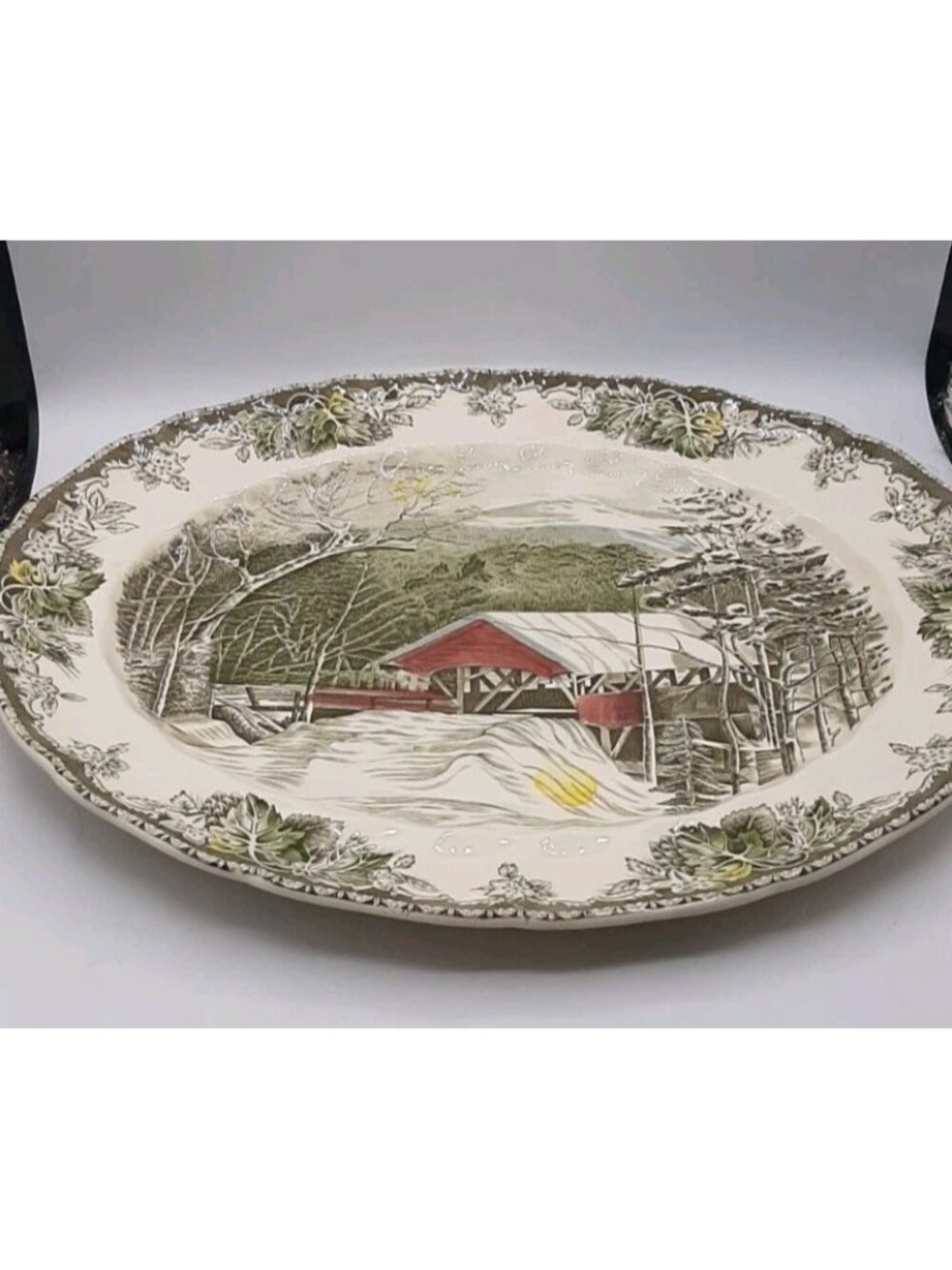 Large Vintage Johnson Brothers The Friendly Village Covered Bridge Oval Platter